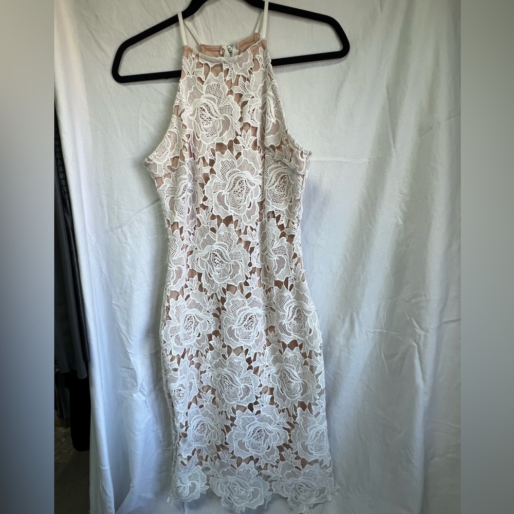 Lulus White Lace Overlay Mini Dress with Nude Lining, Size Small